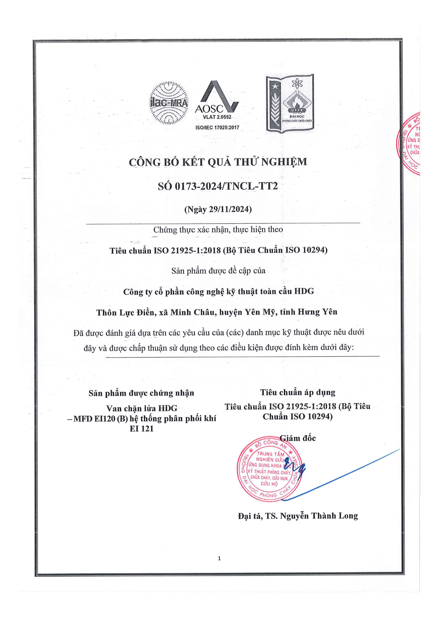 Kết quả thử nghiệm Van MFD EI120